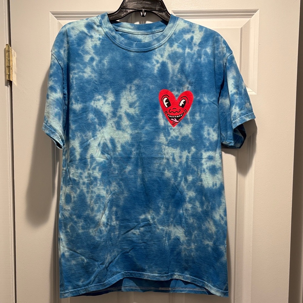 Vibrant Blue Tie-Dye Tee with Red Heart Graphic size Large